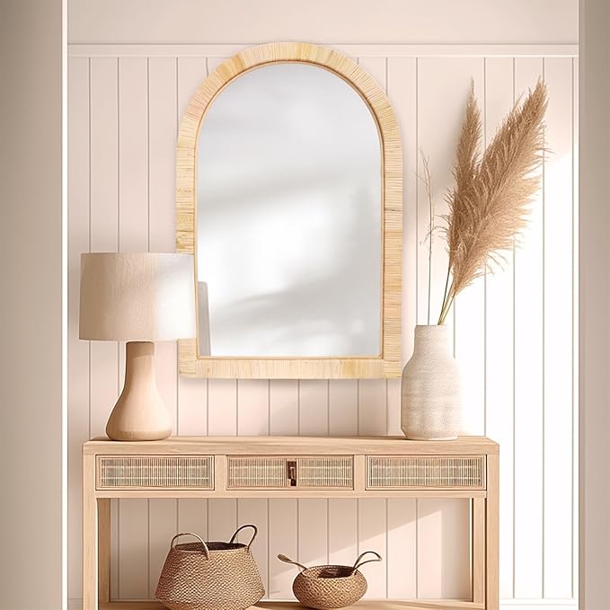 Rattan Mirror,Arch Boho Bathroom Mirror for Wall,20x30 Wicker Vanity Mirror for Nursery Décor,Coastal Farmhouse Wood Mirror for Bedroom Entryway Living Room