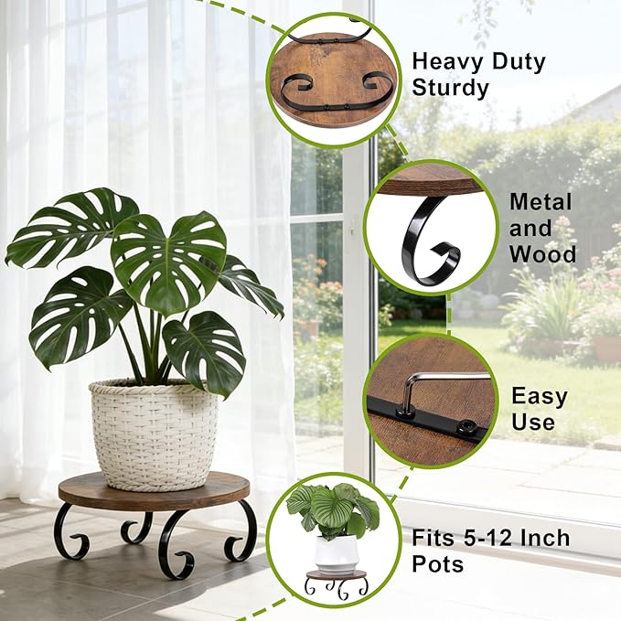 Plant Stand Indoor Outdoor, Vintage Wooden Plant Table Corner Flower Stand for 5 to 12 Inch Pots, Sturdy Low Short Plant Holder Stool for Living Rooms, Office, Garden, Patio
