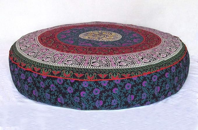 ICC Large Hippie Mandala Round Floor Pillow Cover Ottoman Pouf Cover Daybed Oversized Cotton Cushion Cover with Heavy Duty Zipper Seating Ottoman Poufs Dog-Pets Bed (Purple 6 kaam Flower, 35" Round)