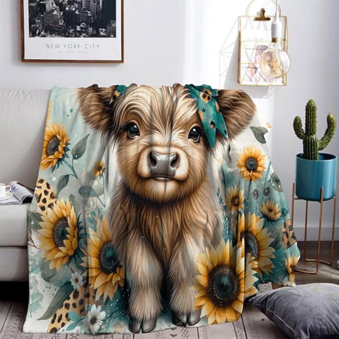 Teal Highland Cow Blanket Girl Gifts Western Farm Animal Sunflower Flannel Fleece Nursery Bed Blankets Soft Lightweight Funny Animal Cow Print Blanket Highland Cow Nursery Bed Decor 50"x60"