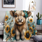 Teal Highland Cow Blanket Girl Gifts Western Farm Animal Sunflower Flannel Fleece Nursery Bed Blankets Soft Lightweight Funny Animal Cow Print Blanket Highland Cow Nursery Bed Decor 40"x50"
