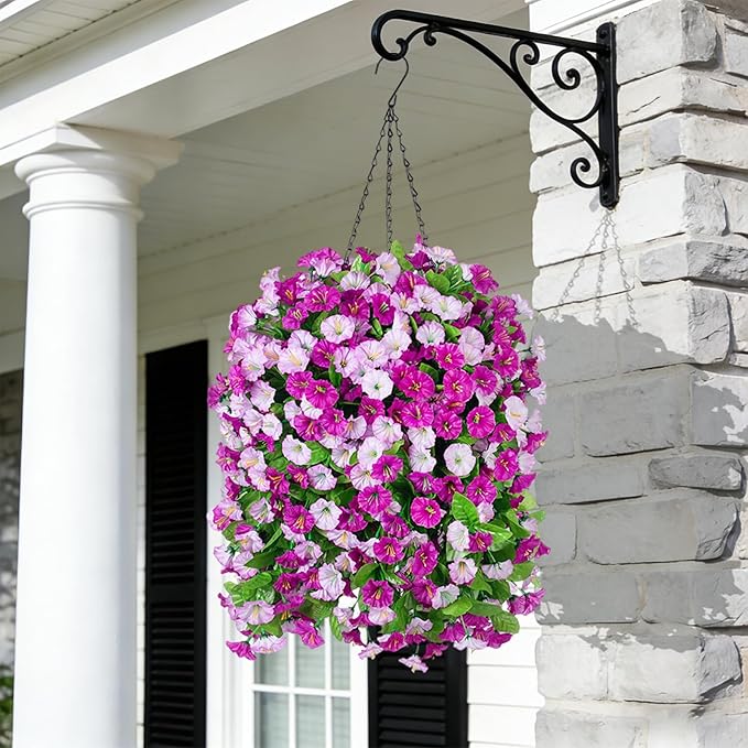 Artificial Flowers with Hanging Basket, Outdoor Faux Plants Silk Morning Glory Vines, Fake Green Arrangement for Garden Patio Spring Summer Decor(Darkorchid)
