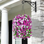 Artificial Flowers with Hanging Basket, Outdoor Faux Plants Silk Morning Glory Vines, Fake Green Arrangement for Garden Patio Spring Summer Decor(Darkorchid)