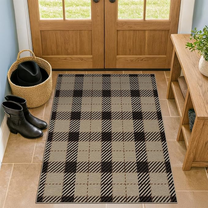 3x4 Jute Rugs for Entryway, Checkered Washable Entry Rug, Indoor Door Mat for Front Door, 3 x 4 Kitchen Mats for Floor, Non Slip Rubber Backing, Thin Modern Farmhouse Black and Brown Rattan Décor