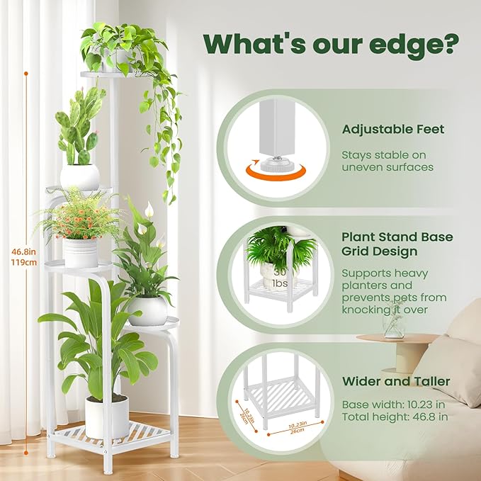 TOSKING 5 Tier Tall Plant Stand Indoor Outdoor,Anti-Tip Plant Stand indoor, Wide Base for Pots, Child and Pet Friendly,Heavy Duty Corner Shelf for Plants & Decor, Space Saving ,Tiered Metal Flower Pot Stand for Balcony, Garden, Living Room, Patio (Whit...