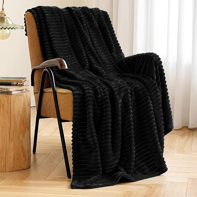 MIULEE Black Throw Blanket 3D Ribbed Jacquard Fleece Flannel Velvet Plush Decorative Bed Blanket (Throw, 50" x 60") - Super Soft, Lightweight, Warm and Cozy for Couch Sofa