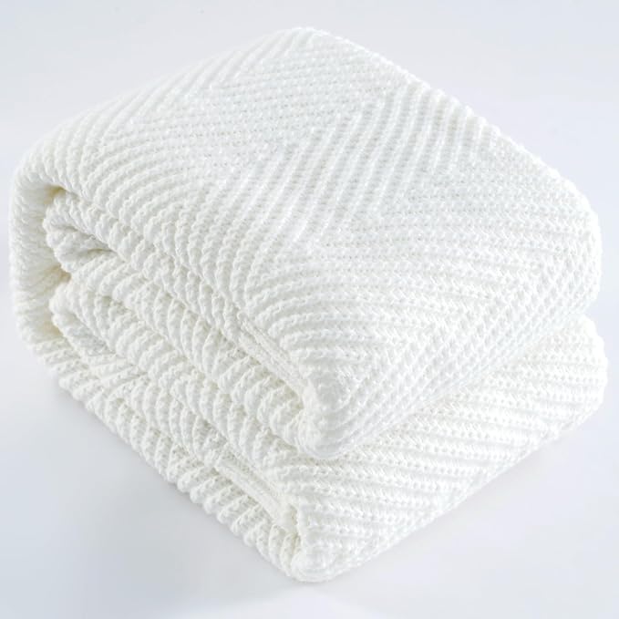 Knitted Throw Blanket 60"X80", White Knit Throws for Bed, Super Soft Boho Chevron Blankets for Couch Sofa Chair Room Decor, Textured Decorative Farmhouse Cozy Lightweight
