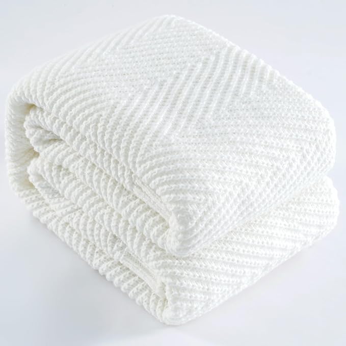 Knitted Throw Blanket 50"X60", White Knit Throws for Bed, Super Soft Boho Chevron Blankets for Couch Sofa Chair Room Decor, Textured Decorative Farmhouse Cozy Lightweight