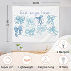 AQYIP Light Blue Bows Coquette Tapestry, God Says I Am Inspirational Bible Verse Tapestry, Blue Girly Christian Wall Blanket Decor for Girls Room Dorm Apartment, 50x60 Inch