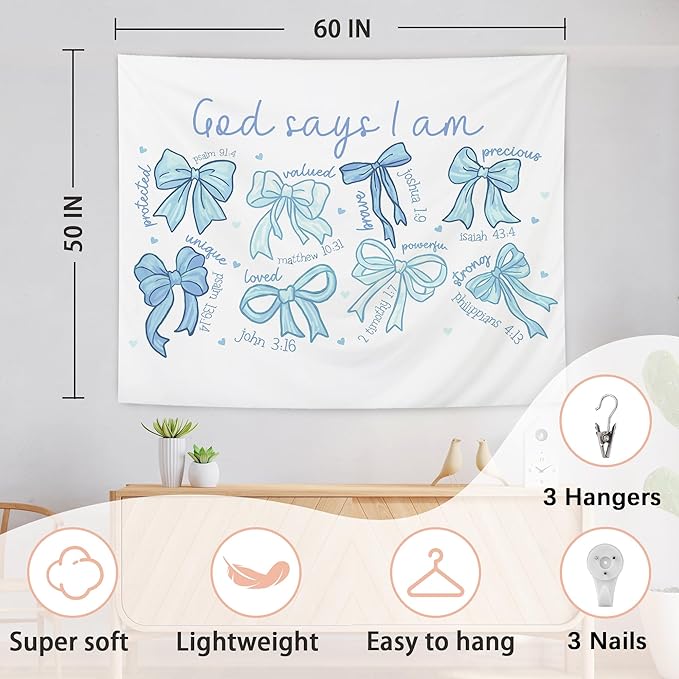 AQYIP Light Blue Bows Coquette Tapestry, God Says I Am Inspirational Bible Verse Tapestry, Blue Girly Christian Wall Blanket Decor for Girls Room Dorm Apartment, 50x60 Inch