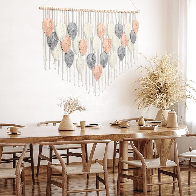 Alynsehom Large Macrame Wall Hanging, Boho Woven Tapestry, Chic Modern Bohemian Handmade Leaf Feather Wall Art Home Decor for Apartment Dorm Living Room Bedroom Nursery Backdrop (51.5" W X 33.5" L)