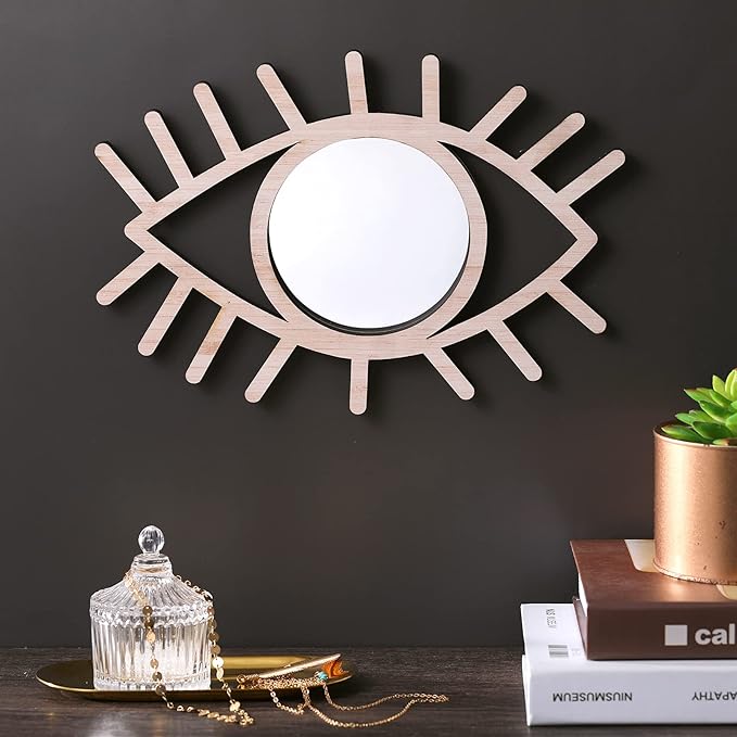 Esiti Evil Eye Wall Decor - Wood Boho Artistic Decorative Funky Rattan Mirror - Handmade Moon Eye Wall Art for Living Room Bedroom