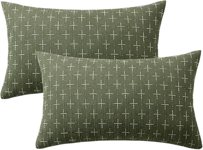 MIULEE Pack of 2 Decorative Vintage Burlap Linen Spring Throw Pillow Covers Modern Farmhouse Pillowcase Rustic Woven Textured Cushion Cover for Sofa Couch Bed 12x20 Inch Olive Green