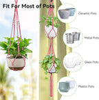 USLAI Macrame Plant Hanger Indoor Outdoor, Up to 4-15 inch Pot, Heavy 20lb Planters, Extra Long Strong Hanging Planter Basket Holder, Boho Home Decor, 35+49 Inch, Pink (POTS NOT Included)