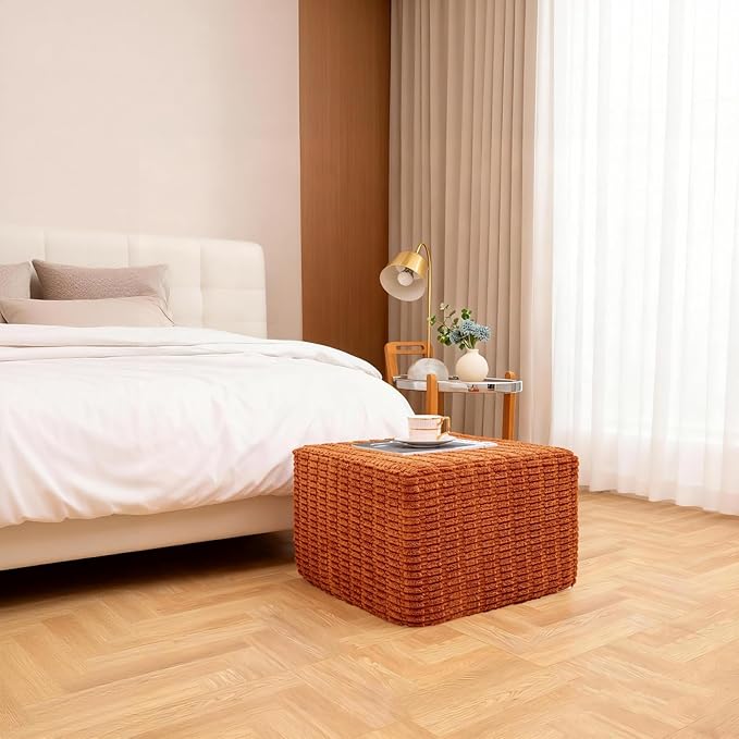 Asuprui Round Square Pouf Ottoman Foot Rest – Lightweight Modern Footstool with Plush Foam Filling, Perfect for Living Room Decor & Cozy Comfort – 20x20x14 Inch Chic Accent Piece (Burnt Orange)