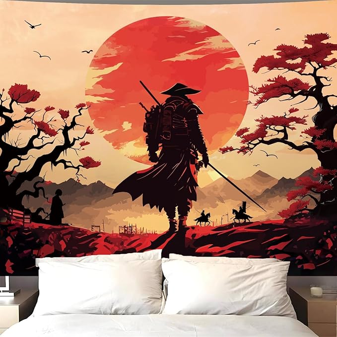 Atrippy Japanese Anime Samurai Tapestry, Cool Black Desert Red Sun Wall Hanging for Bedroom Aesthetic, Asian Japanese Sunset Wall Art Tapestries Poster Home Decor for Living Room Dorm 51x60 Inches