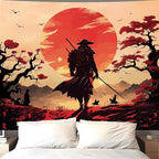 Atrippy Japanese Anime Samurai Tapestry, Cool Black Desert Red Sun Wall Hanging for Bedroom Aesthetic, Asian Japanese Sunset Wall Art Tapestries Poster Home Decor for Living Room Dorm 51x60 Inches