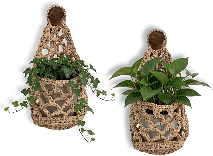 Macrame Plant Hanger Set of 2, Boho Wall Hanging Planter for Up to 6 Inch Pots - Handwoven Cotton Rope Wall Decor with S-Hooks for Indoor Plants in Living Room, Bedroom & Office