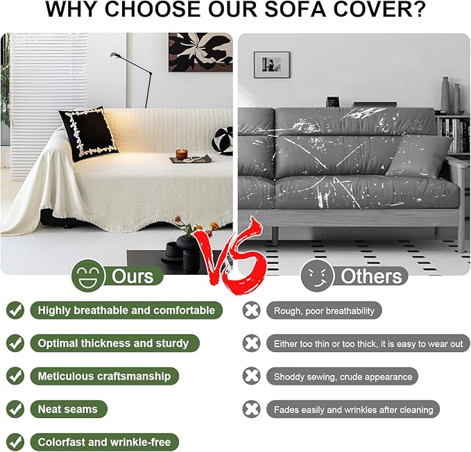 ROOMLIFE Boho White Couch Cover for Dogs, Washable Non Slip Furniture Protector Couch Sofa Covers for 3 Cushion Couch, Soft Chenille Couch Cover Throw Blanket with Tassels 71''X118''