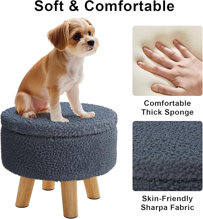 Small Foot Stool, Boucle Round Ottoman with Storage, Cute Foot Rest Stools with Teddy Velvet, Floor Pouf Ottoman Coffee Table, Sturdy Ottomans with Wood Legs for Living room, Nursery, Enterway, Blue