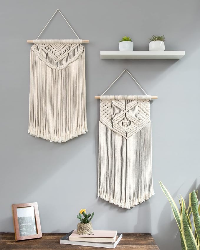 Mkono 2 Pcs Macrame Wall Hanging Boho Wall Art Decor Woven Chic Bohemian Room Decor for Bedroom Nursery Living Room Dorm Apartment, Medium Size 22" L x 13" W and 24" L x 13" W
