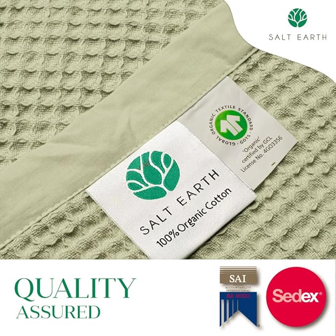 Salt Earth GOTS Certified 100% Organic Cotton Throw Blanket, 90"x90" Waffle Blankets & Throws for Bed, Throw Blanket for Couch, Cozy Christmas Blankets and Throws for Christmas Gifts (Sea Foam)