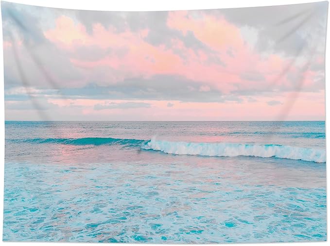 LB Ocean Pink Sky Tapestry, Teal Sea Ocean with Pink Cloud Wall Tapestry for Bedroom, Pastel Nature Landscape Wall Art for Living Room Home Decor, 92.5 x 70.9 Inches