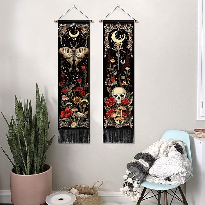ARTCREATOR Pack of 2 Witchy Gothic Wall Bedroom Decor Moth Moon Tapestry Skull Mushroom Vertical Tapestries Retro Floral Flowers Tapestries for Bedroom Aesthetic Art Room (12.8 x 51.2 inches)