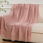 BATTILO HOME Blush Throw Blanket with Tassels, Pink Knit Blanket for Home Decor, Boho Style Textured Knitted Decorative Twin Blanket for Couch, Sofa &Bed, 52"x80"