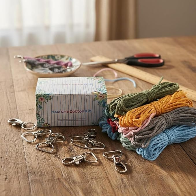 Ewparts Macrame Keychain Kit for Beginner Boho Adult Craft DIY Kits with Precut Macrame Cord 3mm with Instruction Tutorials to Make 8 Macrame Keychains Lanyards for Kids Women Starters DIY Crafts Kit