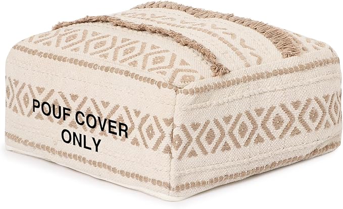 REDEARTH · UNSTUFFED Pouf Ottoman Cover Textured Storage Cube Bean Bag Poof Pouffe Footrest for Living Room, Bedroom, Nursery, Patio, Gym; 100% Cotton (20"X20"X8"; Taupe Natural)