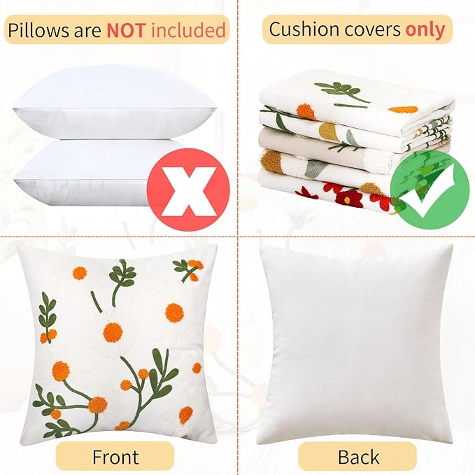 Embroidered Floral Throw Pillow Covers Decorative Couch Pillow Covers Farmhouse White Flowers Tufted Pillow Covers 18x18 Square Summer Cushion Cases Set of 2 for Living Room Couch Sofa Bed Home Decor