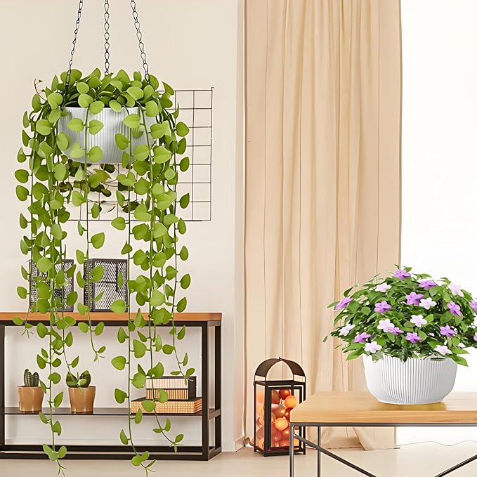 Set of 2 White Hanging Planters for Outdoor Indoor Plants, 8 Inch Self-Watering Hanging Plant Pots with Drainage Hole & Plug (Hooks)