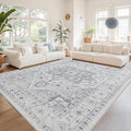 Area Rug 6x9 Washable Area Rugs for Living Room- Ultra Soft Non-Shedding Faux Wool Bedroom Rug Large Grey Vintage Print Rugs with Non Slip Rubber- Indoor Retro Foldable Carpet for Dining Room