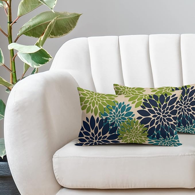 Navy Blue Green Teal Pillow Covers 12X20 Inch Set of 2, Modern Dahlia Floral Print Decorative Rectangle Throw Pillow Covers Outdoor Farmhouse Cushion Case for Home Couch Sofa Bed Decoration