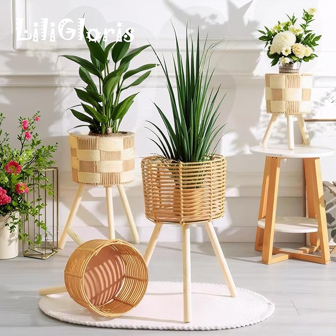 Boho Rattan Plant Stand Set of 2 – Handwoven Wicker Mid-Century Modern Floor Planter Stand for Indoor Plants, Large Farmhouse Decor, Sturdy Wood & Rope Design, Housewarming Gift