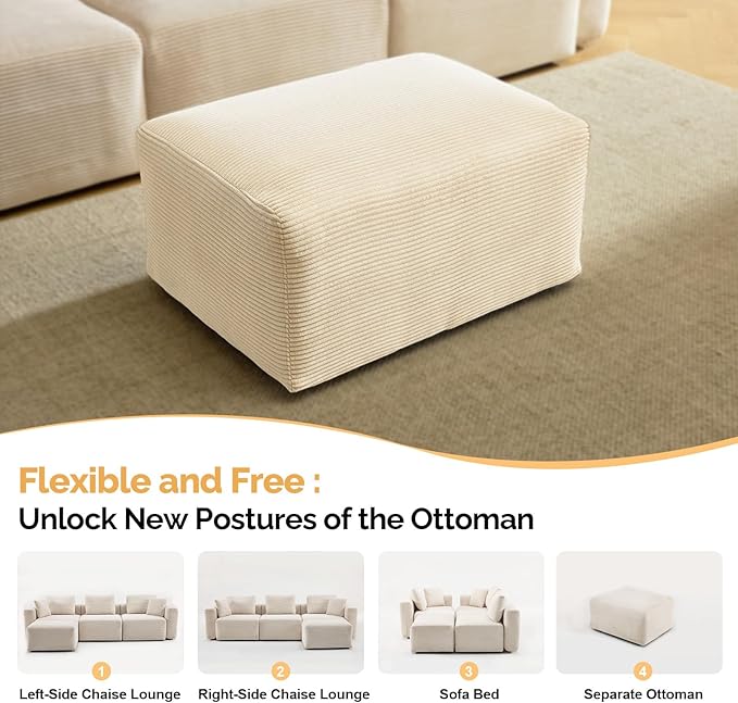 VINGLI Movable Ottoman for Corduroy Cloud Sectional Couches, Cream