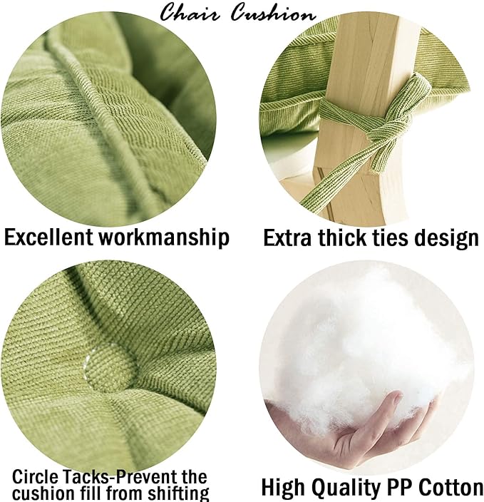 Tiita Dining Chair Seat Cushions 18x18 Inch Office Chair Pads Square Floor Pillows Pad for Outdoor Kitchen Dining Chairs with Ties Set of 4 (Green)