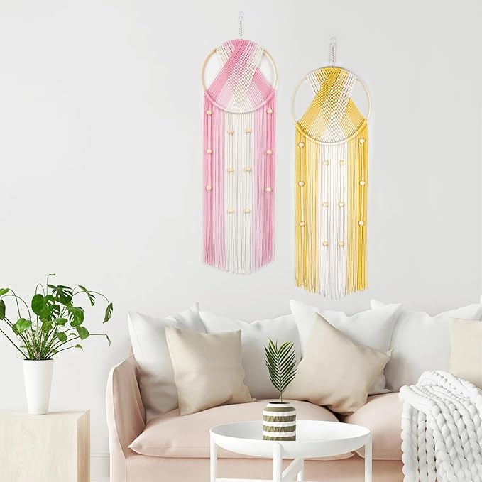 LB 2Pc Boho Macrame Wall Hanging Boho Aesthetic Wall Decor Pink and Yellow Hand Woven Cotton Macrame Wall Art with Wood beads Modern Tapestry for Home, Bedroom, Living Room