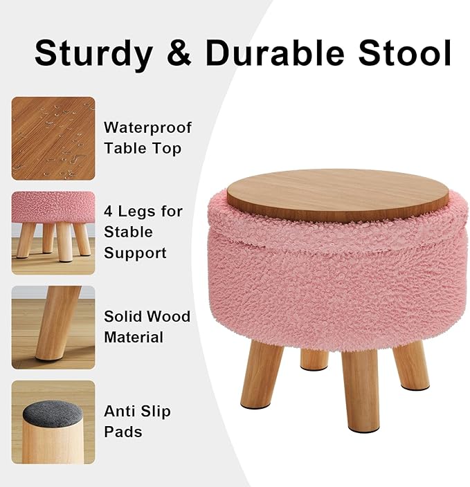 Pink Storage Ottoman Foot Rest, Small Sherpa Ottoman with Storage, Cute Round Foot Stool, Modern Pouf Ottomans Coffee Table, Boucle Teddy Footstools for Couch, Living room, Nursery, Dorm, Enterway