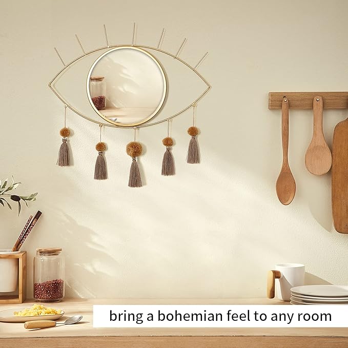 KHOYIME Evil Eye Wall Mirror Boho Gold Mirrors Decorative Metal Mirror with Tassels, Great Macrame Wall Art Bohemian Hanging Decor for Bedroom Living Room Bathroom
