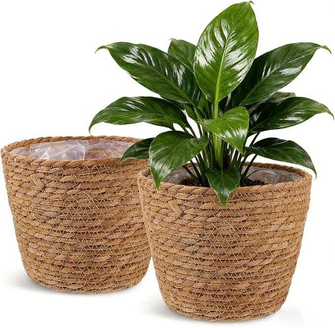 2PCS Seagrass Plant Basket for Indoor and Outdoor,Rattan Large Planter Basket with Liner for 6 inch Pot,Wicker Plant Pot Covers for Potted Plants,Woven Storage Baskets for Rustic Boho Farmhouse Decor