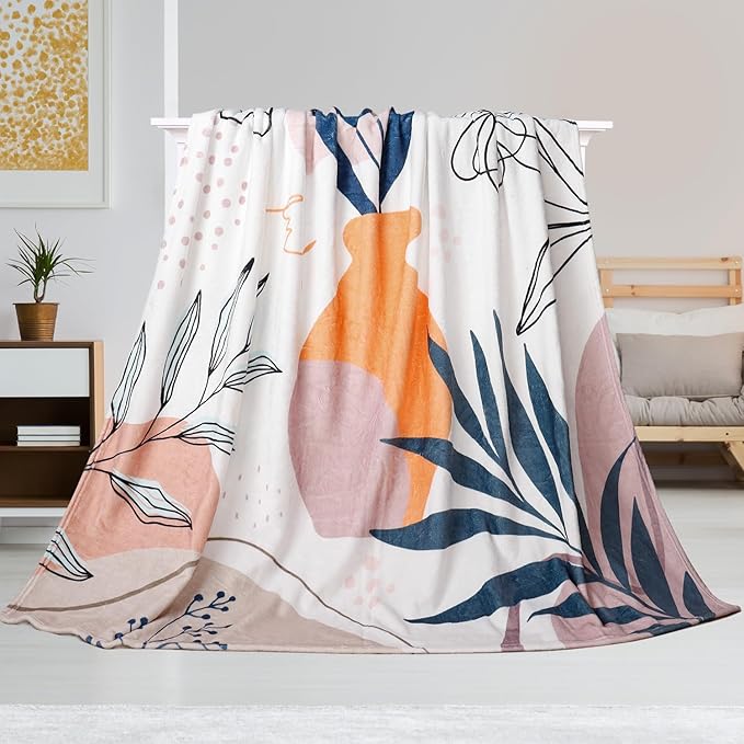 Boho Throw Blanket Minimalist Mid Century Blanket Modern Abstract Art Blankets Floral Plant Print Bed Blanket Super Soft Fleece Flannel Throw Blanket for Couch 50"x60"