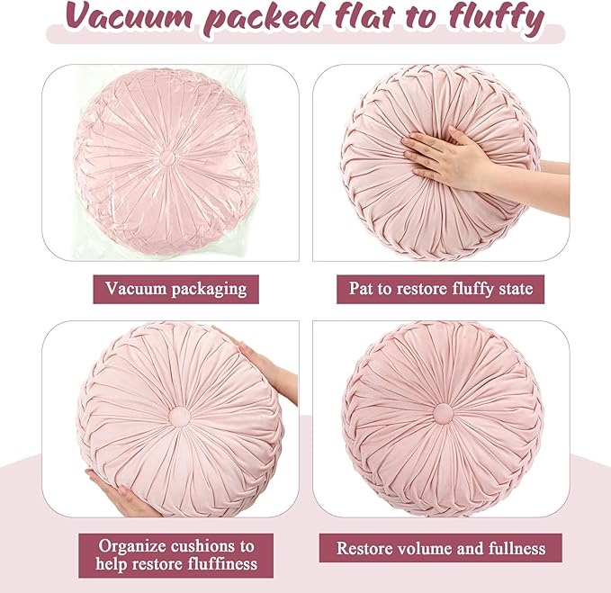 Round Throw Pillows Decorative Pleated Throw Pillows 15'' Diameter Accent Pumpkin Boho Chair Cushion for Couch Sofa Home Decoration(Pink,1 Pcs)