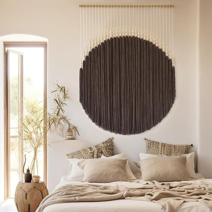 IOWER Macrame Wall Hanging Brown Yarn Beaded Backdrop Boho Wall Decor Round Tassel Home Wall Aesthetic Living Rooms Bedrooms Offices Geometric Art Chic Home Decor 39" W x 55" L