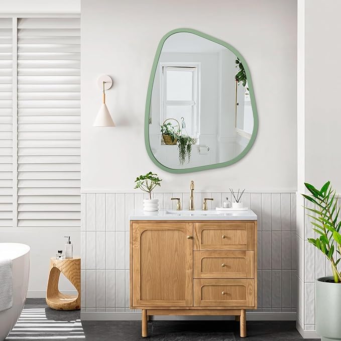 Asymmetrical Mirror for Wall Irregular Accent Wood Frame Modern Unique Wall Mirror Decorative Vanity Bathroom Living Room Bedroom Entryway Hallway Artistic Wavy Mirror Large 26"x18"