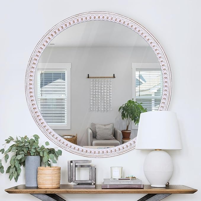 30 Inches Wooden Round Mirrors for Wall Decor, Rustic Farmhouse Circle Mirror for Bathroom Over Sink, Living Room, Entryway, Bedroom