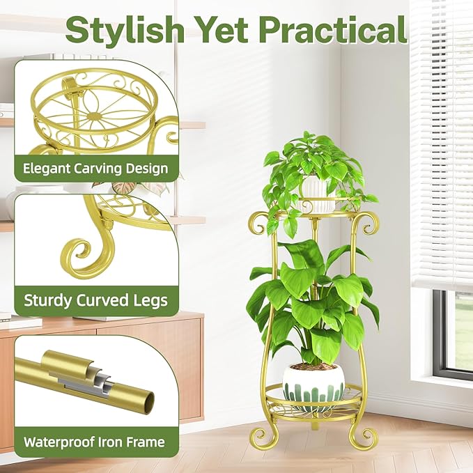 iDavosic.ly 2 Tier Metal Plant Stand Indoor Outdoor, Iron Corner Tall Flower Pot Holder Shelf, 27 Inch Vertical Heavy Duty Display Rack for Patio Porch Living Room Garden, Gold