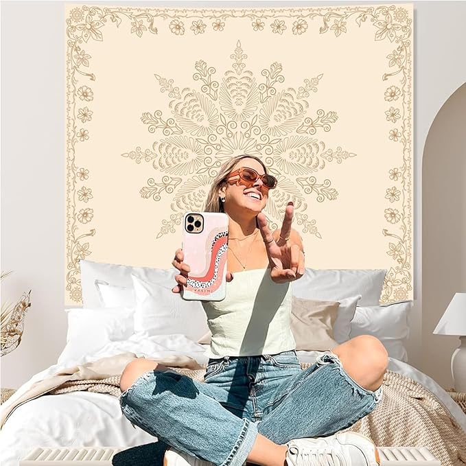 Apdidl Boho Mandala Floral Wall Tapestry for Bedroom Aesthetic, Bohemian Cute Flower Hippie Indian Beige Wall Hanging Blanket, Medallion Art Decor Tapestries for Teen Girls Living Room Dorm 51" X 60"