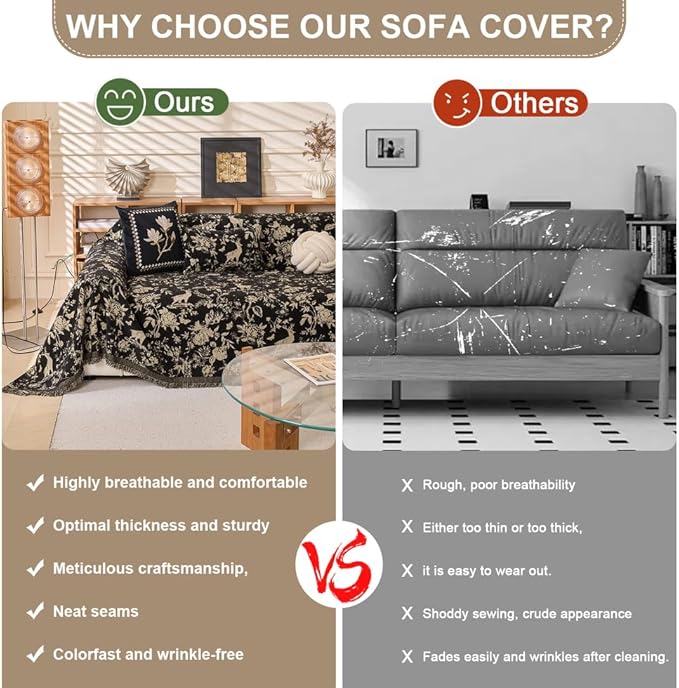 ROOMLIFE Black Sofa Cover, Vintage Boho Couch Cover for 3 Cushion Sofa, Non Slip Soft Chenille Sofa Slipcovers for Dog, Washable Furniture Sofa Protector Cover with Tassel for Living Room, 71''X150”
